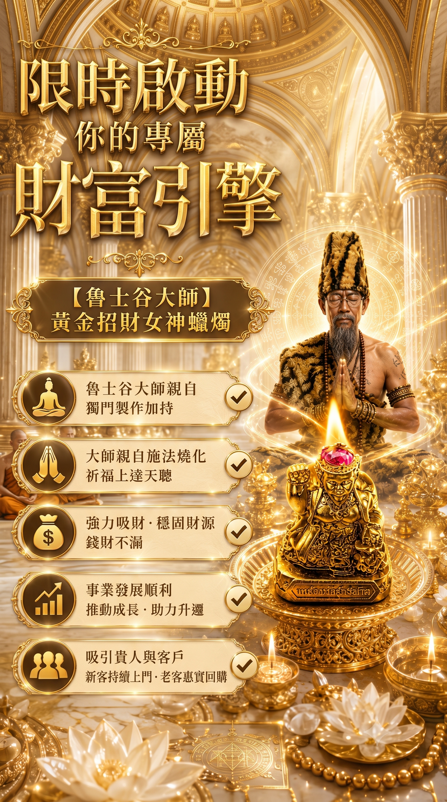 〖魯士谷大師〗黃金招財女神蠟燭（魯士谷法燭）