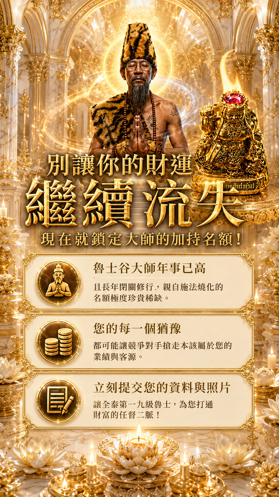 〖魯士谷大師〗黃金招財女神蠟燭（魯士谷法燭）